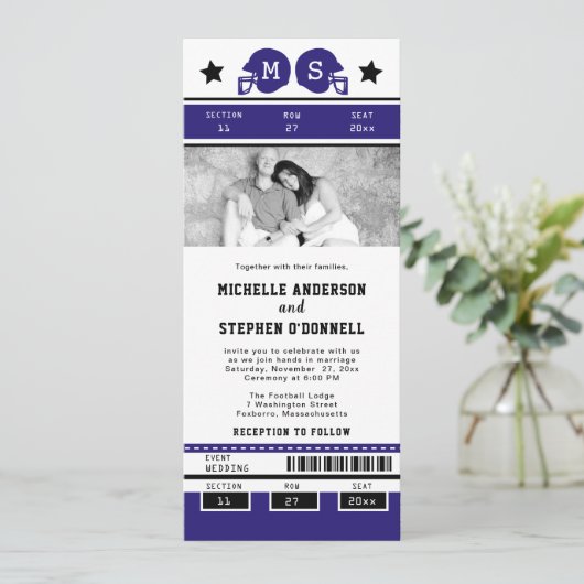 Lila Black Football Ticket Hochzeitsempfang Einladung (Stehend Vorderseite)