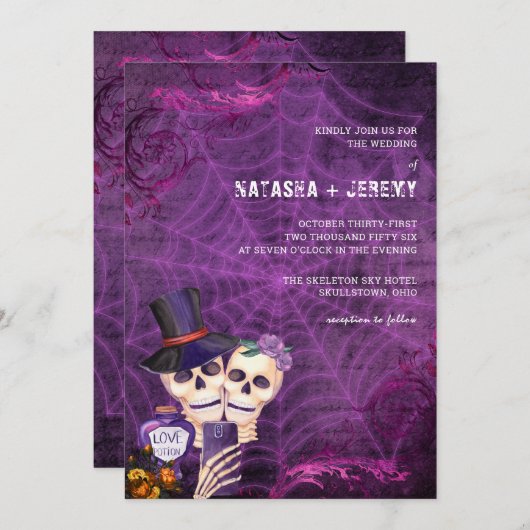 Lila Black Gothic Skeleton Halloween Hochzeit Einladung (Vorne/Hinten)