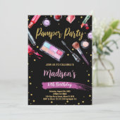 Lila Black Pamper Party Geburtstagseinladungen Einladung (Stehend Vorderseite)