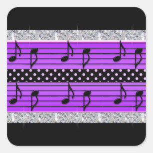 Lila- & Black Polka Dot Diamonds & Musical Notes Quadratischer Aufkleber