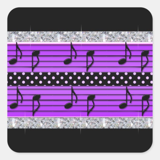 Lila- & Black Polka Dot Diamonds & Musical Notes Quadratischer Aufkleber (Vorderseite)