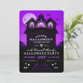 Lila Black Spuk House Halloween-Party laden Einladung (Stehend Vorderseite)