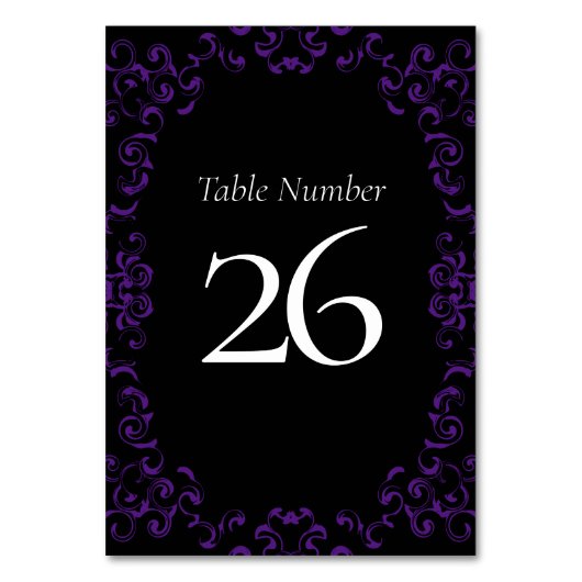 Lila Black Swirl Gothic Wedding Tischnummer (Rückseite)
