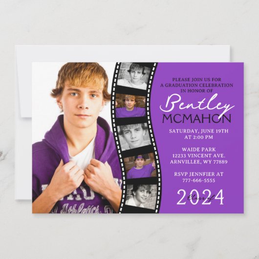 Lila & Black Unique Filmstrip 6 Foto Abschluss Einladung (Vorderseite)