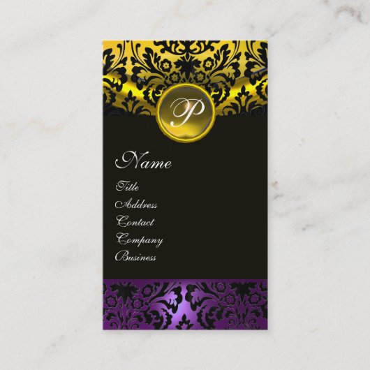 LILA BLACK YELLOW TOPAZ DAMASK MONOGRAMM, Gold Visitenkarte (Vorderseite)