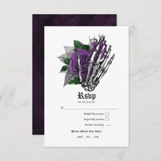 Lila Bläserskelettkundgebung Gothic Wedding RSVP Karte (Vorne/Hinten)