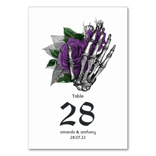 Lila Bläserskelettkundgebung Gothic Wedding Tischnummer (Rückseite)