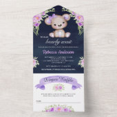 Lila Bläserteddy Bear Navy Blue Baby Dusche All In One Einladung (Innen Boden)