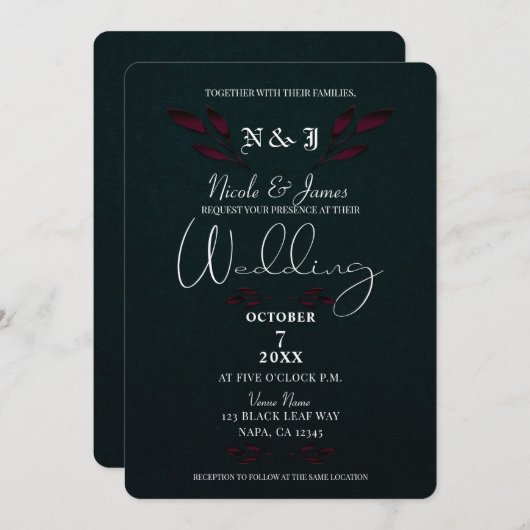 Lila Blätter Black Modern Glam Gothic Wedding Einladung (Vorne/Hinten)