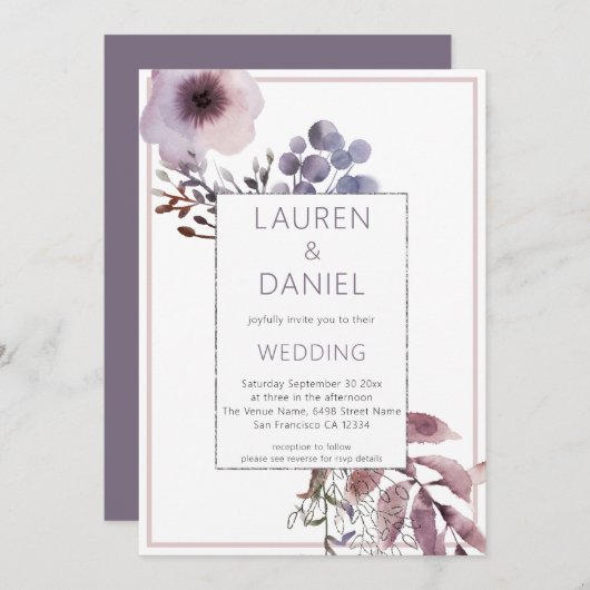 Lila Blätter Florals QR Code Hochzeit Einladung (Vorne/Hinten)