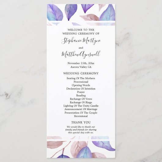 Lila Blätter Foliage Hochzeit Programm (Vorderseite)