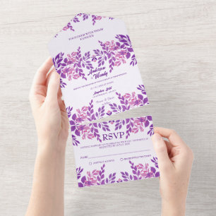 Lila Blätter Hochzeitthema All In One Einladung