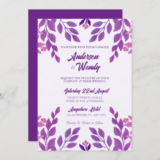 Lila Blätter Hochzeitthema Einladung (Vorne/Hinten)