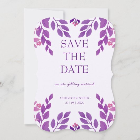 Lila Blätter Hochzeitthema Save The Date (Vorderseite)