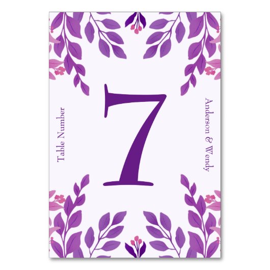 Lila Blätter Hochzeitthema Tischnummer (Vorderseite)
