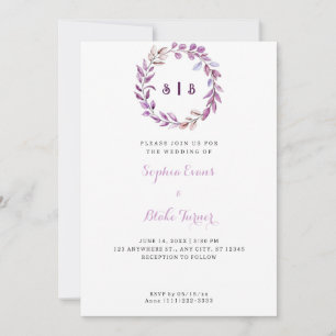 Lila Blätter Mit Monogramm Wreath White Wedding Einladung