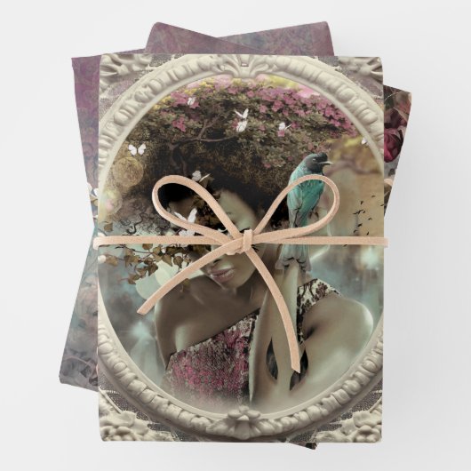 Lila & blau Afro Frau Portrait Floral Bouquet Geschenkpapier Set (Beispiel)