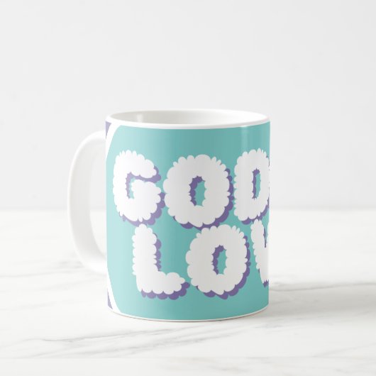 Lila & blau "Gott ist Liebe" Christliches Zitat Kaffeetasse (Vorderseite Links)