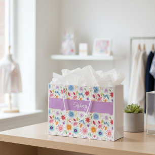 Lila Blau Rosa Boho Wildblumen Personalisiert  Große Geschenktüte