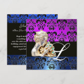 LILA BLAU, SCHWARZ, WEISSER DAMASK JEWEL-MONOGRAM EINLADUNG (Vorne/Hinten)