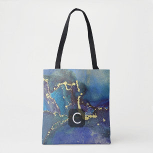 Lila Blau Türkis und Gold Flüssigkunst Monogramm Tasche