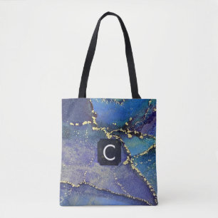 Lila Blau Türkis und Gold Flüssigkunst Monogramm Tasche