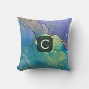 Lila Blau und Gold abstraktes Kunstmonogramm Kissen