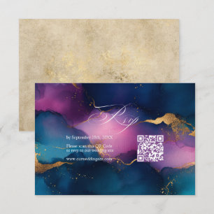 Lila, Blau und Gold Alkohol-Tinte QR-Code-Hochzeit RSVP Karte