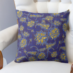 Lila Blau und Gold Blumenchintz Kissen