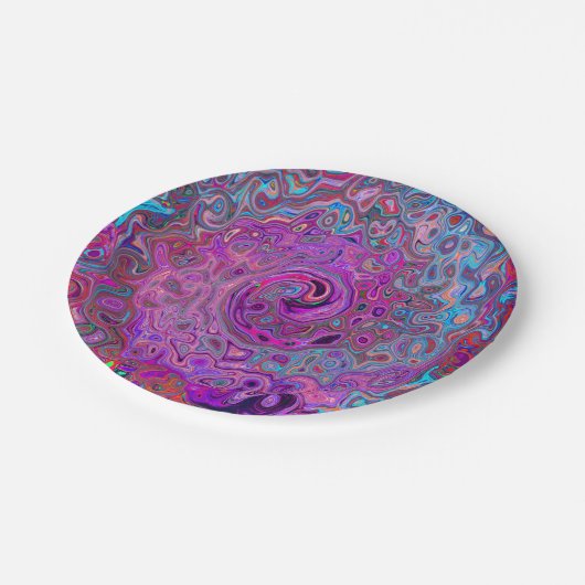 Lila, blau und rot Abstrakter Retrowirbel Pappteller (Schrägansicht)
