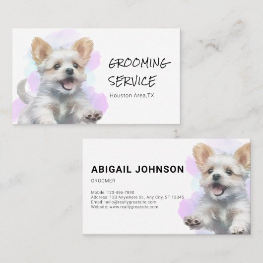 Lila/blau Wasserfarbener Pet Grooming Service Visitenkarte (Vorne/Hinten)
