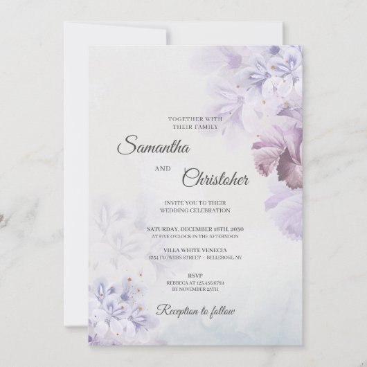 Lila-blaubraune Hochzeit mit Blumenzwiebeln Einladung (Vorderseite)