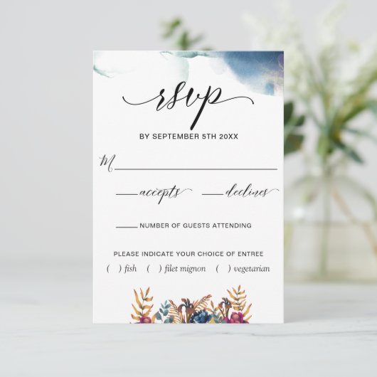 Lila Blaue Aquamarine Wasserfarbe W/ohne Mahlzeite RSVP Karte (Stehend Vorderseite)