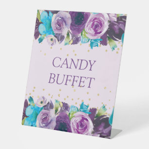 Lila Blaue Aquarell-Blumen-Süßigkeiten-Buffet  Sockelschild