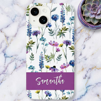 Lila Blaue Aquarell-Wildblumen-Name Case-Mate iPhone 14 Hülle