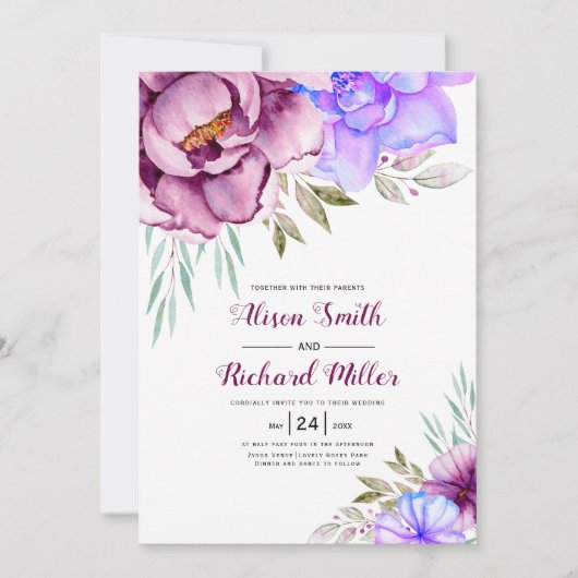 Lila, blaue Aquarellfarben-Blume Blumenhochzeit Einladung (Vorderseite)