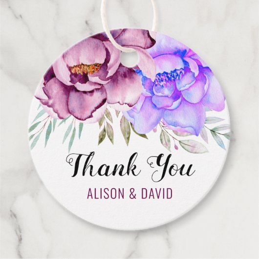 Lila, blaue Aquarellfarben-Blume Blumenhochzeit Geschenkanhänger (Vorderseite)