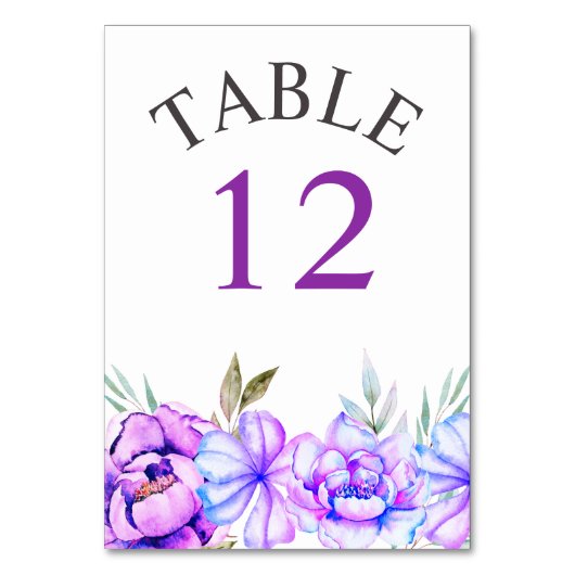 Lila, blaue Aquarellfarben-Blume Blumenhochzeit Tischnummer (Vorderseite)