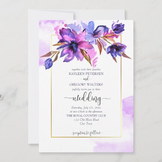 Lila blaue Aquarellfarben-Blume Hochzeitsvorlage Einladung (Vorderseite)