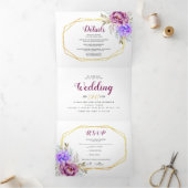 Lila, blaue Aquarellfarben-Blume mit UAWG Hochzeit Dreifach Gefaltete Einladung (Innenseite)