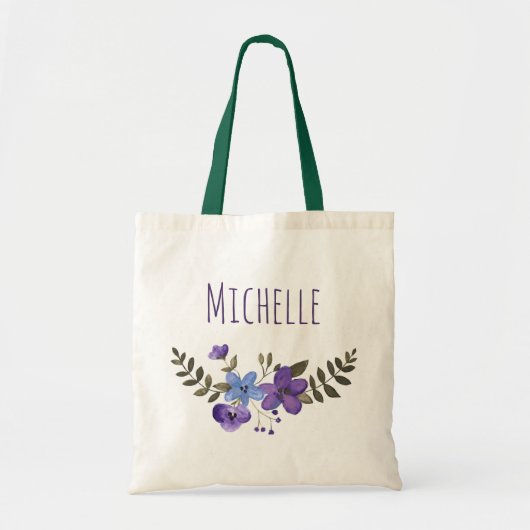 Lila blaue Blume mit Name Tragetasche (Vorne)