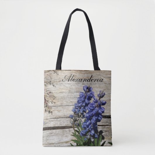 lila blaue Blume personalisiert Name Braut, Datum Tasche (Vorderseite)