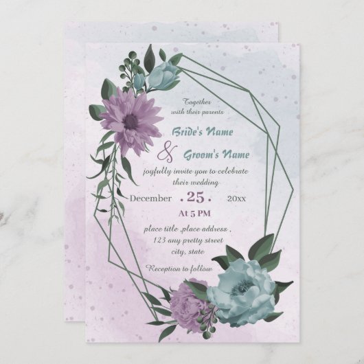lila blaue Blumen Einladung (Vorne/Hinten)