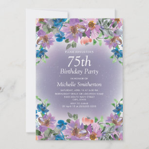 Lila blaue Blumen zum 75. Geburtstag für Frauen Einladung