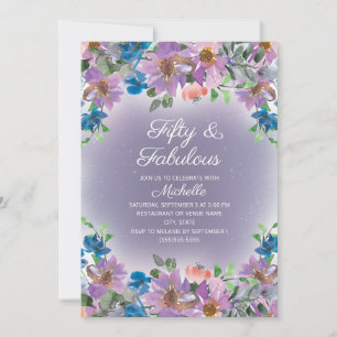 Lila Blaue Blumige Fünfzigste Fantastische Geburts Einladung