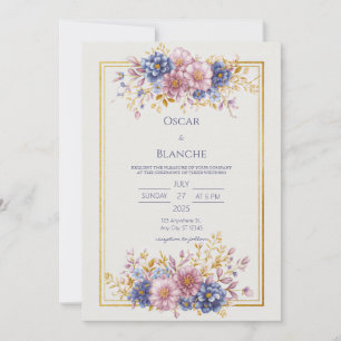 Lila Blaue Botanische Goldrahmen Hochzeit Einladung