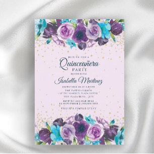 Lila Blaue Florale Gold Glitter Quinceañera Einladung