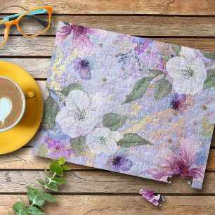 Lila-blaue florale Wasserfarbe gold geädert vintag Puzzle