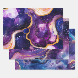 Lila Blaue Flüssigkeits-Geoden-Kunst mit goldenem  Geschenkpapier Set