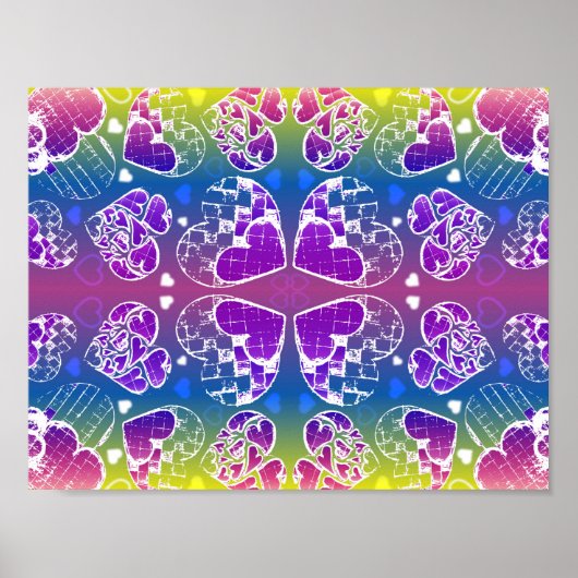 Lila, blaue, gelbe Herzmuster Poster (Vorne)